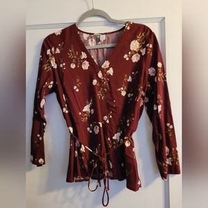 NWOT Old Navy Cross Front V Neck Maroon Floral Blouse